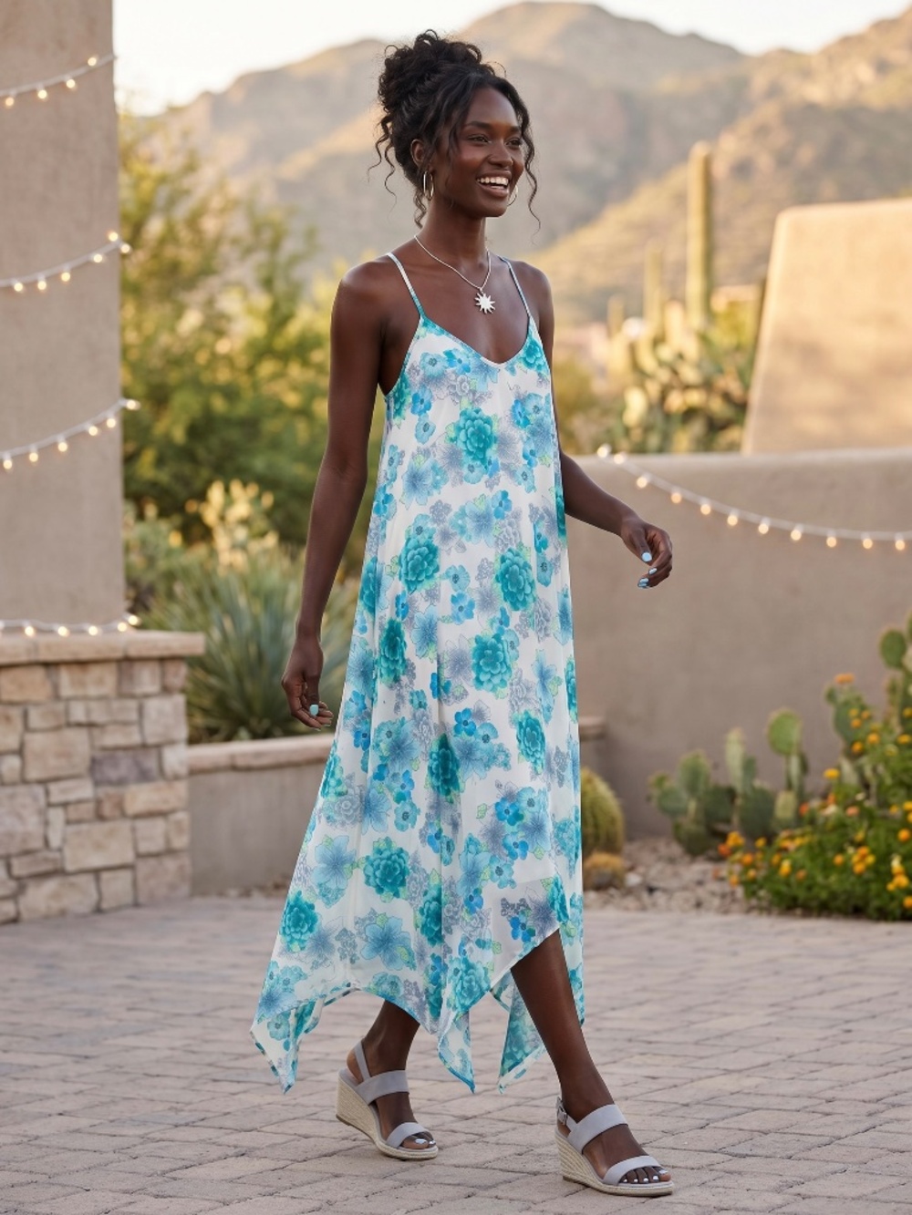 Lovestitch White Blue Floral Asymmetrical Midi Dress | Flowy Handkerchief Hem - Picture 3 of 6